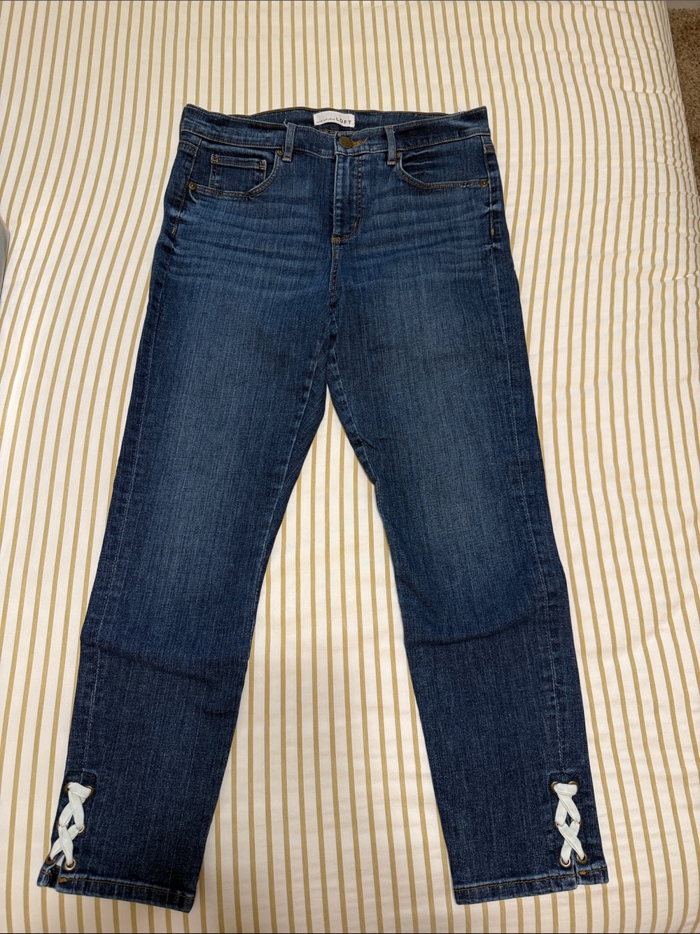 LOFT Dark Blue Cropped Jeans with White Lace-Up Ankles